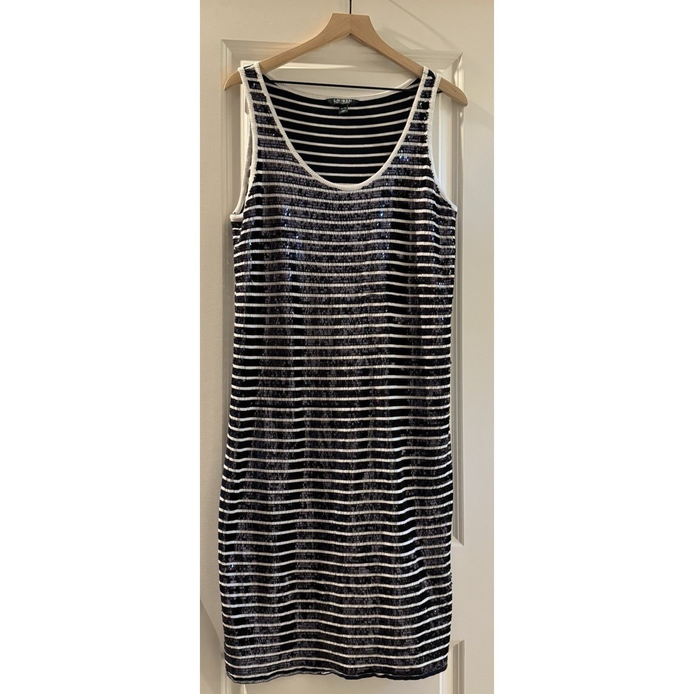 Lauren Ralph Lauren XL Navy White Striped Sequin Tank Dress Cotton Modal Preppy